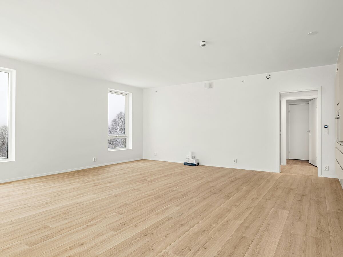 Pièce vide au parquet clair et aux murs blancs