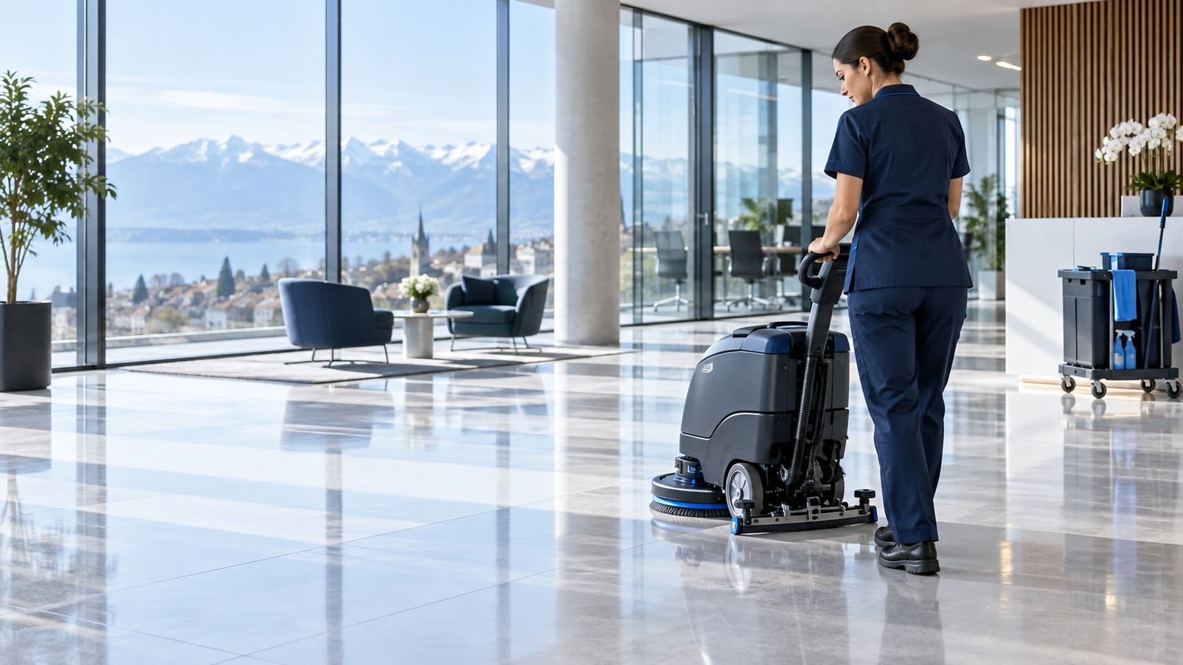 Professionnelle Homy Swiss Clean intervenant dans des bureaux lumineux